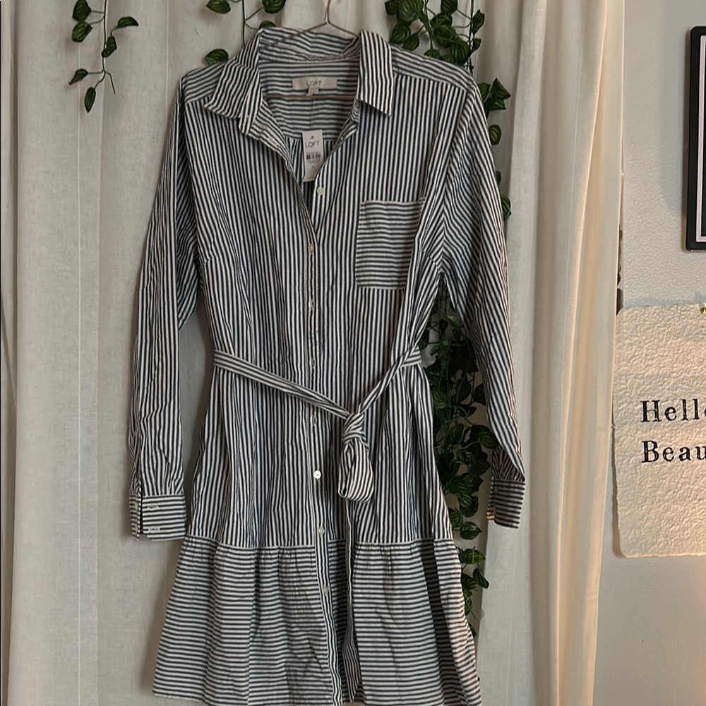 White and blue Long Sleeve Tie Front Shirt Dress